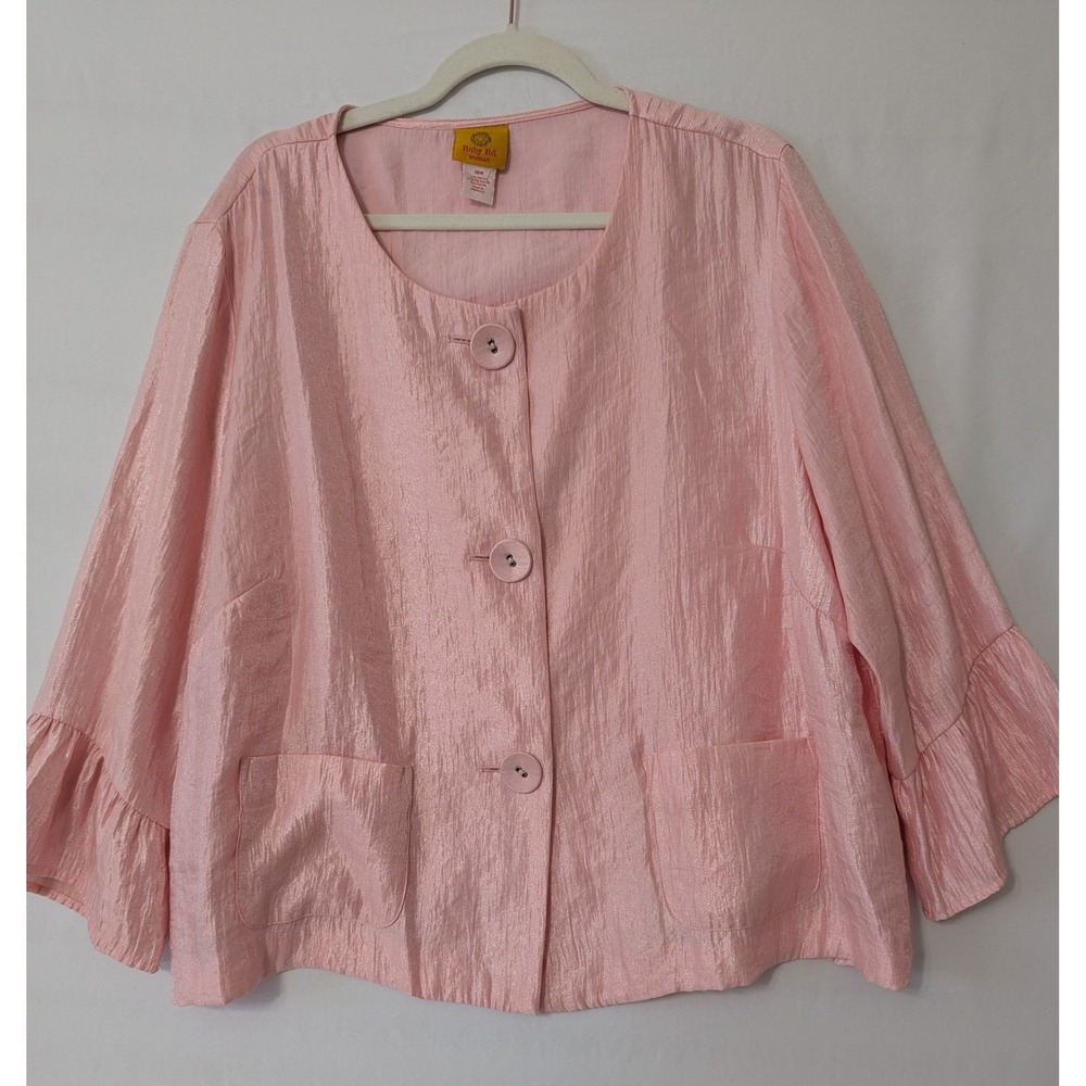 Ruby Rd Woman Pink Button Front Satin Jacket Ruffle Cuff Career Casual Top 18W - Picture 2 of 9